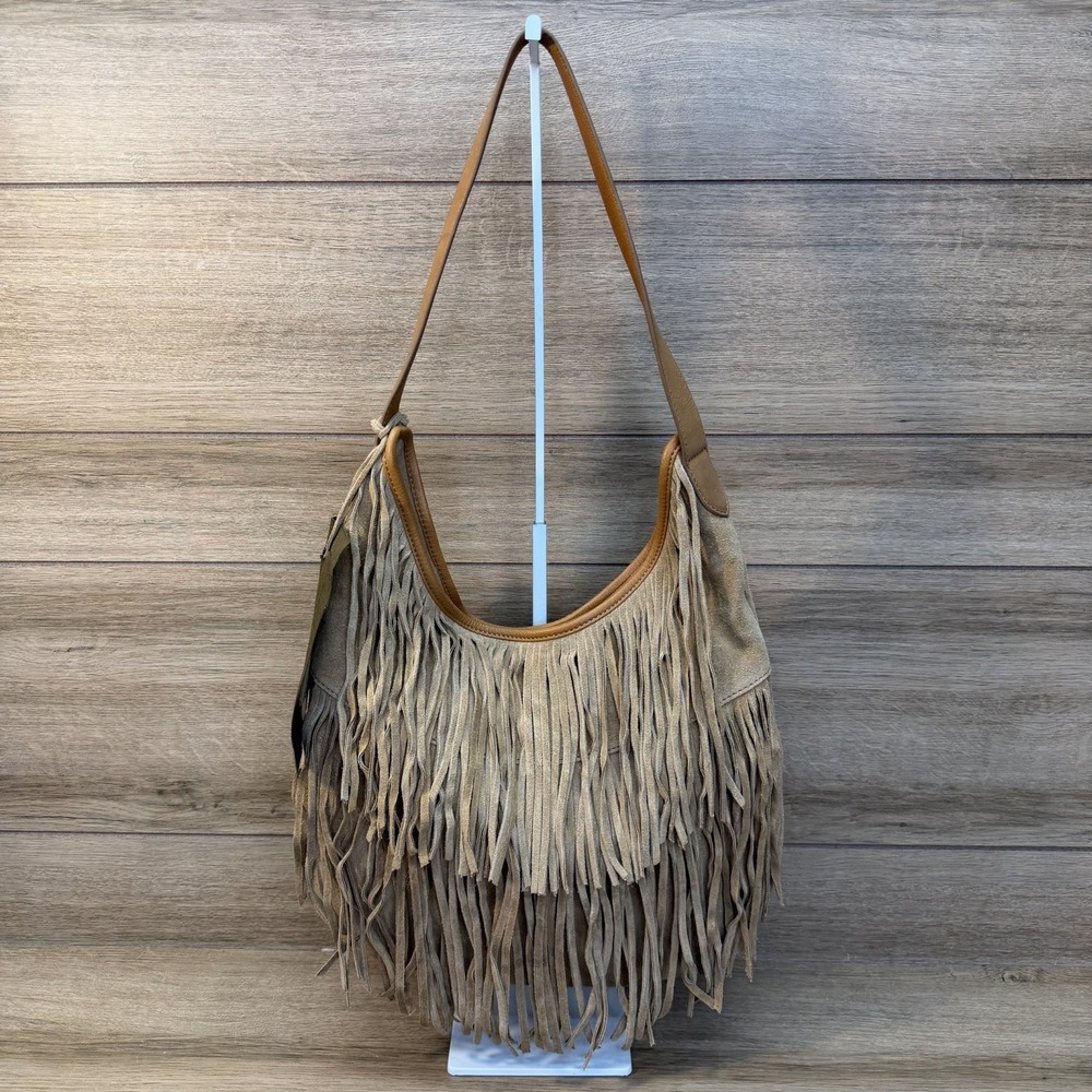 Vilenca Holland Light Brown Suede Leather Fringe Hobo Bag Boho Festival Western